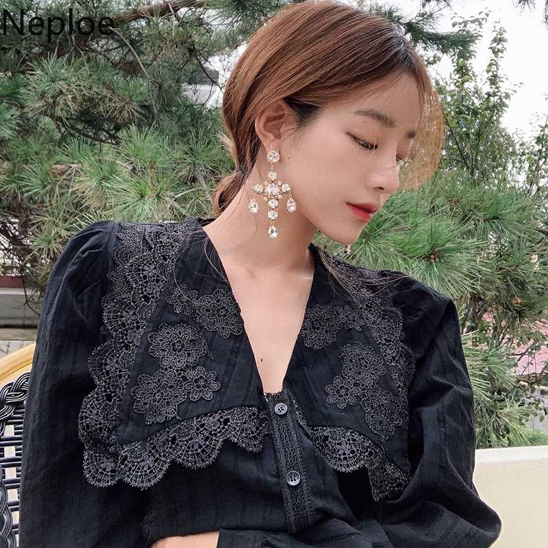 

Neploe Vintage Lace Women Elegant Black Blouse Long Sleeve V Neck Ruffles Spring Korean Fashion Shirt Female Tops Blusas 1A407, White
