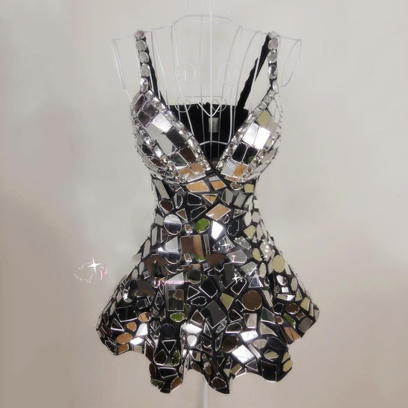 

Stage Wear Silver Mirror Dress Sexy Stage Costume Women Festival Outfit Nightclub Bar Singer Dj Ds Performance Clothing Handmade