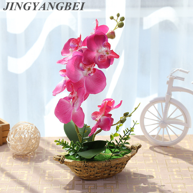 

Spring Artificial silk flowers Orchid bonsai with vase set table decoration Fake plant tree Butterfly orchid leaf wedding flower, Green