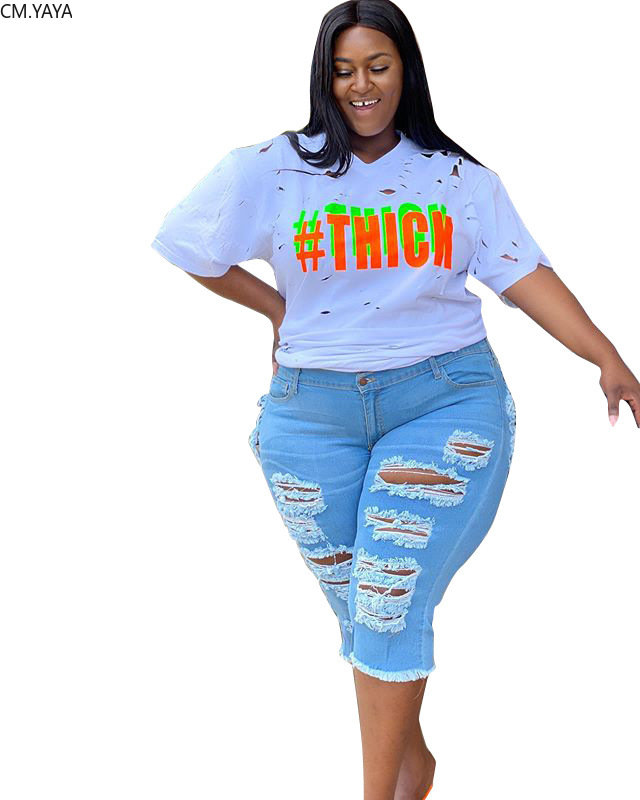 

CM.YAYA Plus Size -5XL Knee Length Cut Out Denim Pants Women Retro Hole Jeans Ripped Trousers Skinny High Waist Lady Pants, Light blue