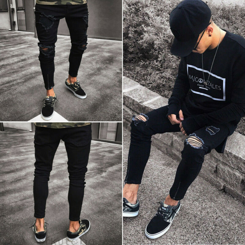 

2020 New Hole Elastic Zipper Men' Feet Pants Streetwear Hiphop Hot Sale Male Skinny Male Personality Denim Trousers, Black