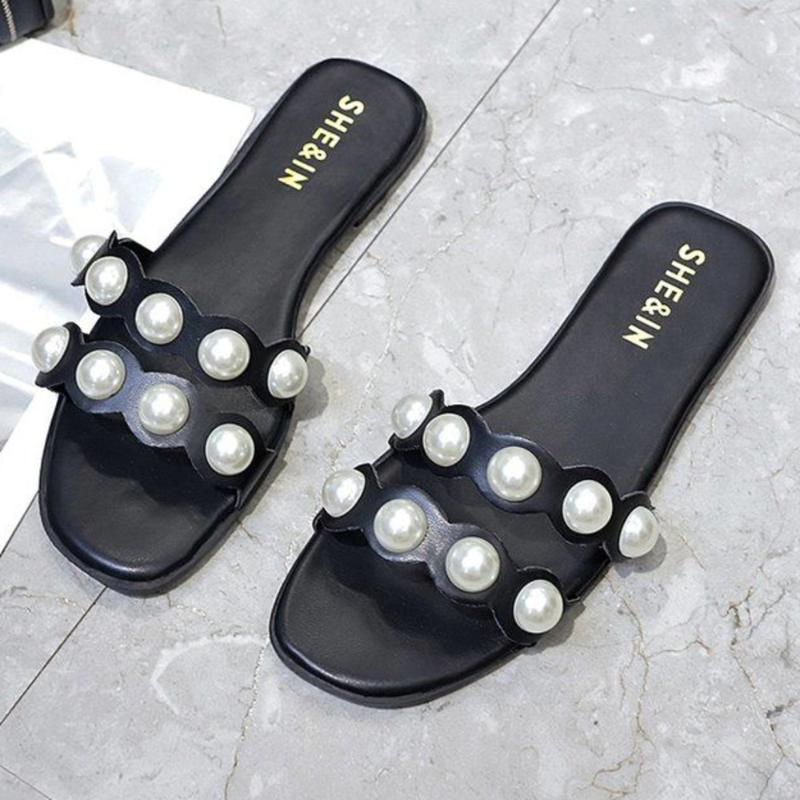 

Open Pearl Slippers Women Toe Mules Shoes Woman Summer Slides Flip Flops, Black