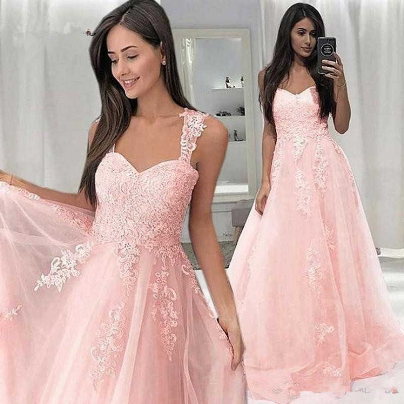 

Pink Dress Formal Appliques Lace evening Long Tulle Prom Dresses A-line Sweetheart Straps Women Party Gowns vestidos de gala largos, Daffodil