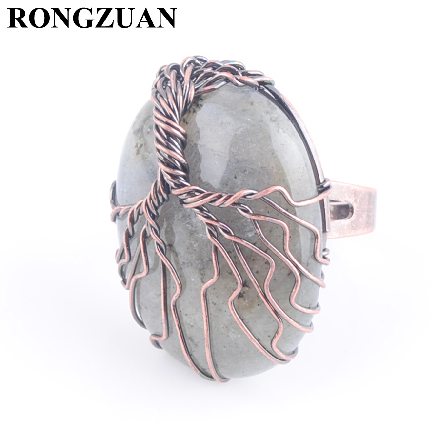 

Natural Labradoirte gemstone Bead wedding lovers Adjustable Ring Antique Rings for Women Man Finger Jewelry Copper Wire Wrapped Tree of Life