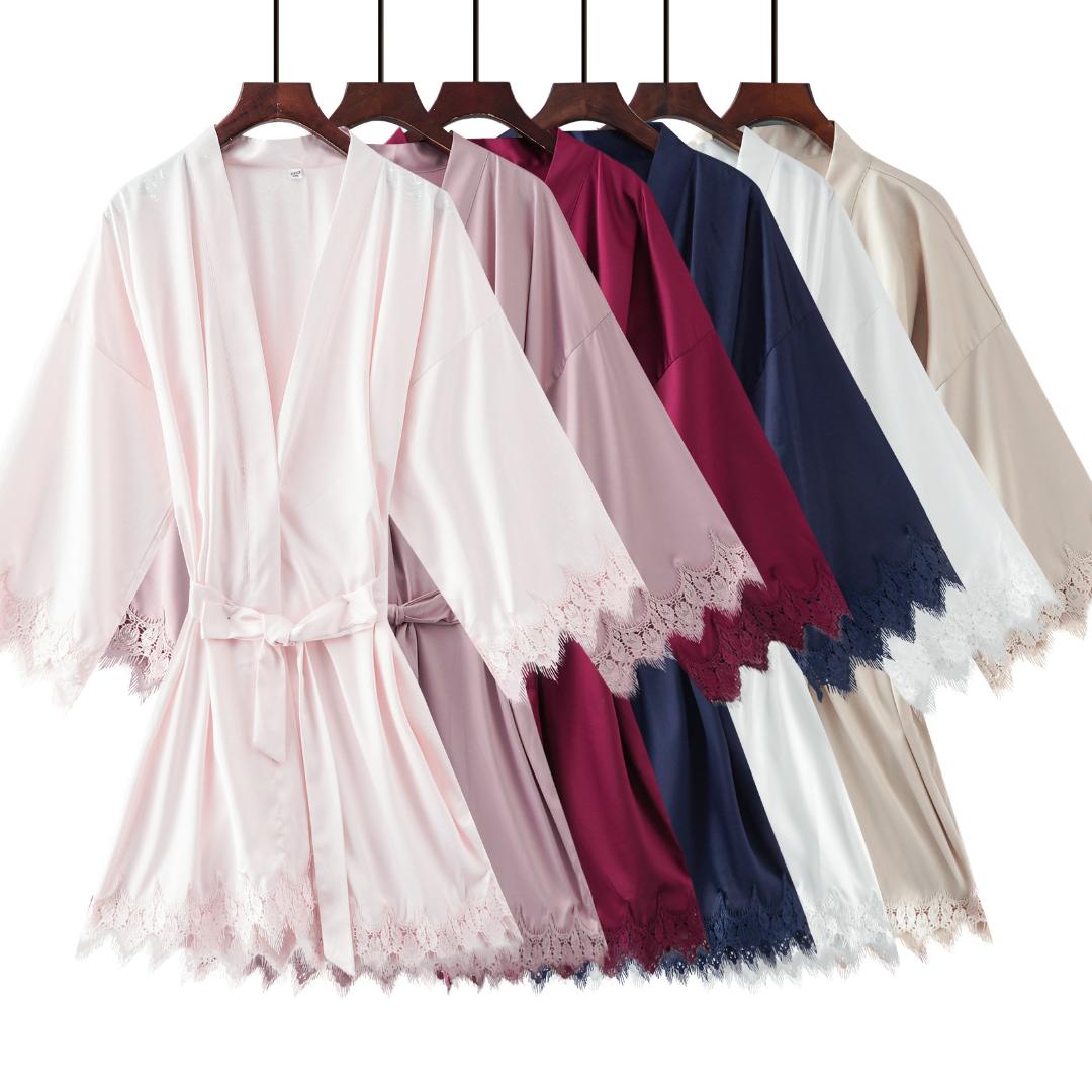 

2019 MaSatin lace Robe with trim Gown Bridal Wedding Bride robes Bridesmaid Kimono robe bridesmaid MT001, Champagne