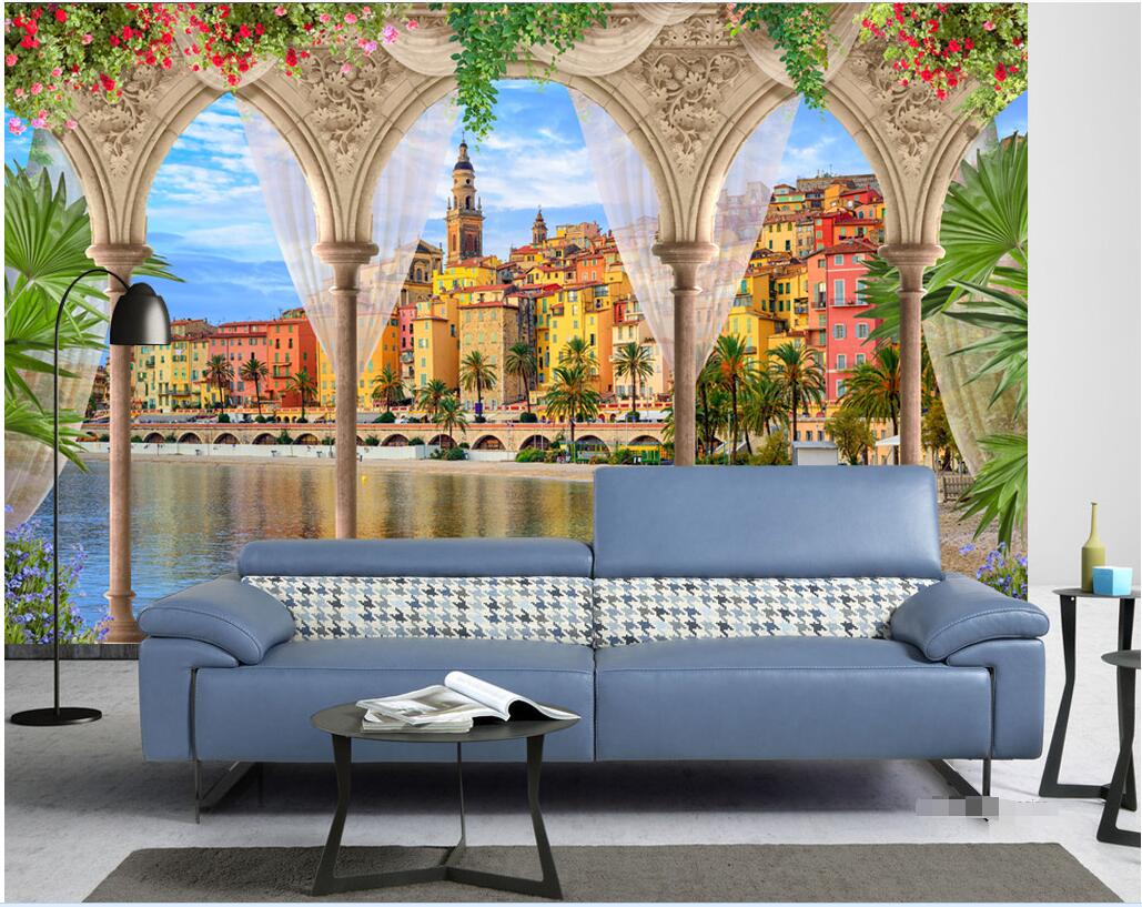 

WDBH custom photo 3d room wallpaper Palace Roman column seaside town scenery tv background home decor 3d wall murals wallpaper for walls 3 d, Non-woven
