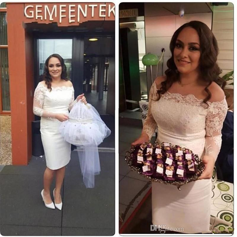 

Little White A-Line Wedding Dresses Off-Shoulder Neck Long Sleeves Satin with Appliques Zipper Back Knee-Length Bridal Dresses Custom 53, Red