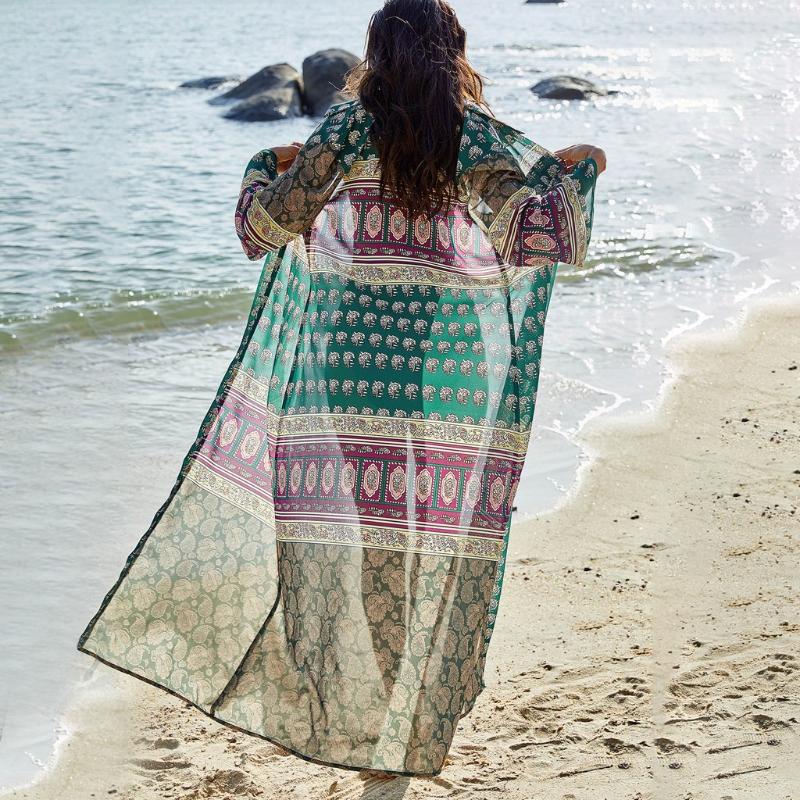 

Beach Cover Up Women Long Sleeve Bikini Cover Up Floral Print Patchwork Button Summer Chiffon Bathing Suit Beach Dress