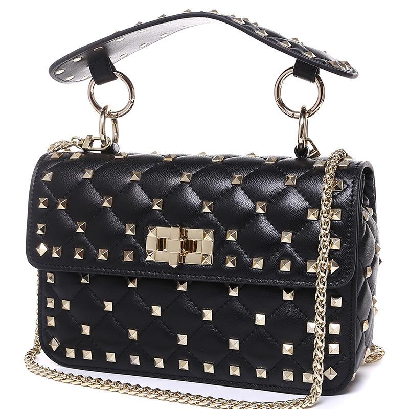 

Rivet Shoulder Bags for Women Genuine Leather Sheepskin Ladies Fashion Chain Crossbody Bag Designer Clutches, Black