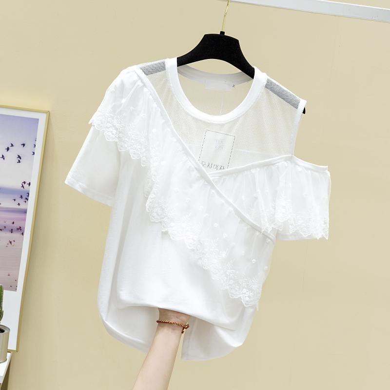 Tshirt blanc t-shirts 2020 d'été Nouveau tempérament épissant en dentelle en mailles à volant rond du cou à l'épaule t-shirt t-shirt femelle