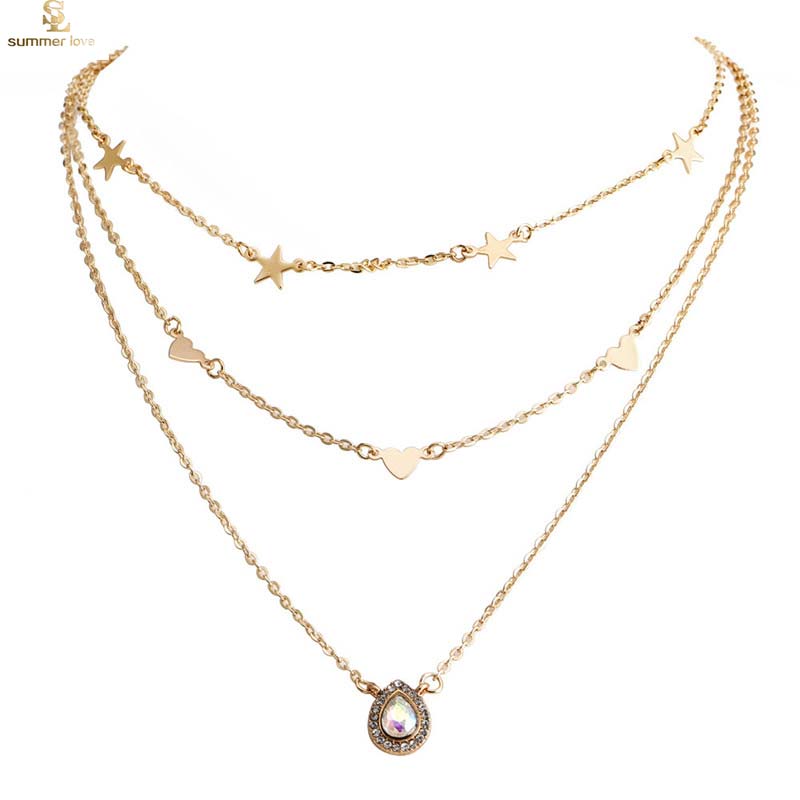 

Women's Fashion Multilayer Waterdrop Star Heart Pendant Necklace With Crystal Simple Style Fashion Jewelry Gift 2019