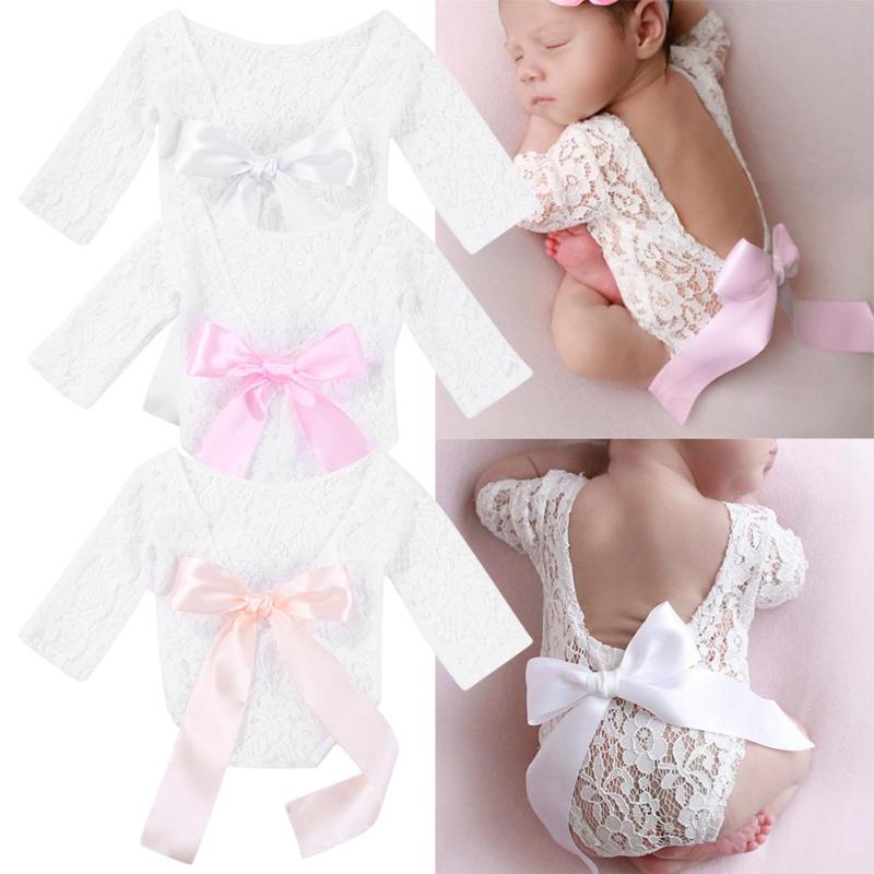 

2pcs Newborn Photography Props Baby Girls Lace Rompers Headband Photo Shoot Princess Kids Clothes Jumpsuit Clothes, White