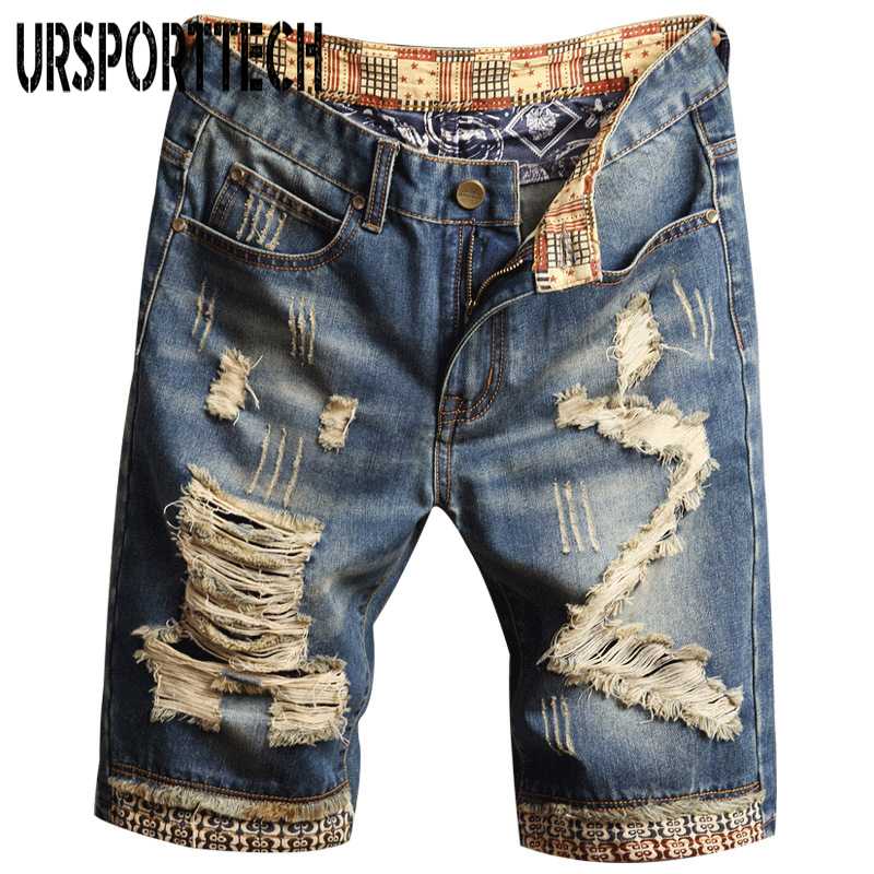 Ursportech Hommes Denim Shorts Hole Personne Personnalité Personnalité Denim Pantalons Fashion Skinny Coton simple Coton confortable Jeans détrui