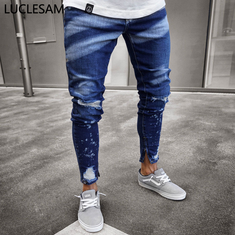 

Mens Skinny Destroyed Hole Jeans with Zipper Summer Fashion Printed Ripped Jeans for Men Slim Fit Streetwear Pencil 3XL, Dark blue