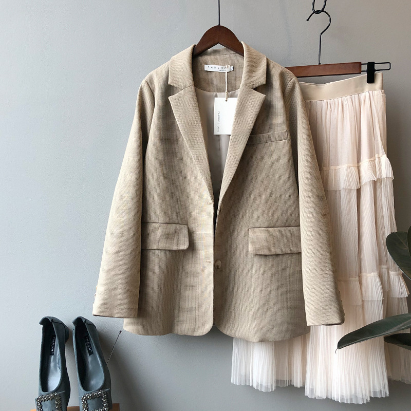 

Fashion Casual Blazers Suits Jacket Women Clothes 2020 Spring Chic Plaid Suit Coat Flap Pockets Khaki Blazer Jackets Female Tops