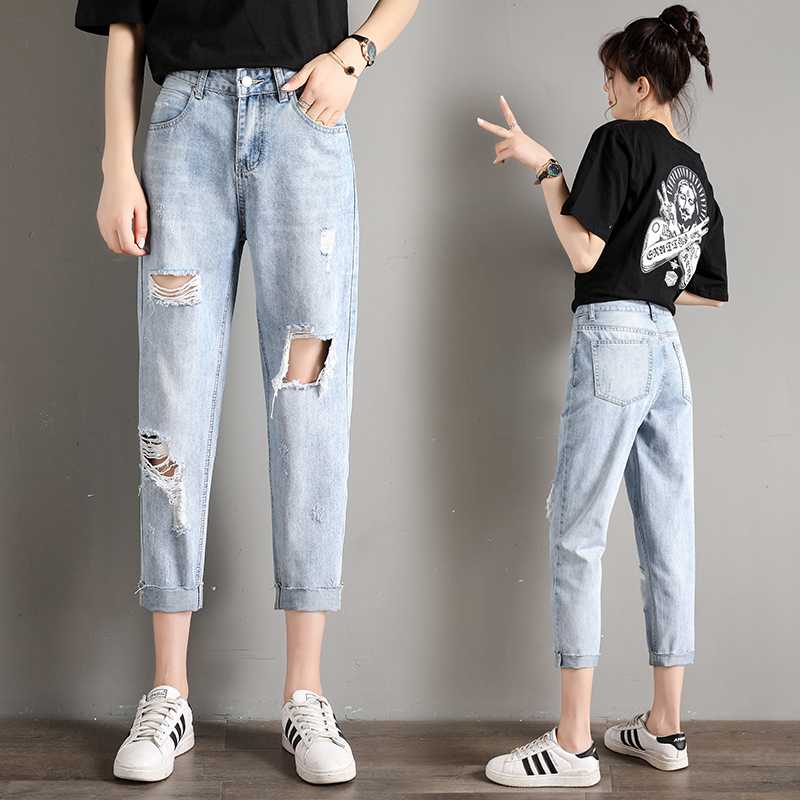 

Women`s Plus Size Jeans Harem For Women Loose Vintage Light Blue Ankle pants Women's Jeans Pants Broken hole Boyfriend Denim, Beige