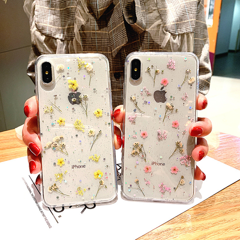 

Fashion luxury transparent real dry flower phone case for iPhone xs max x xr iphone 8 plus 7 7plus 6 6splus phone case, Blue