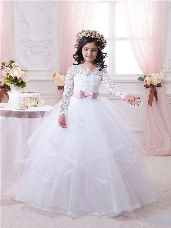 

New Flower Girl Dresses for Weddings Lace Long Sleeve Ball Gown Girls Pageant Dresses First Communion Dress for Little Girls, White
