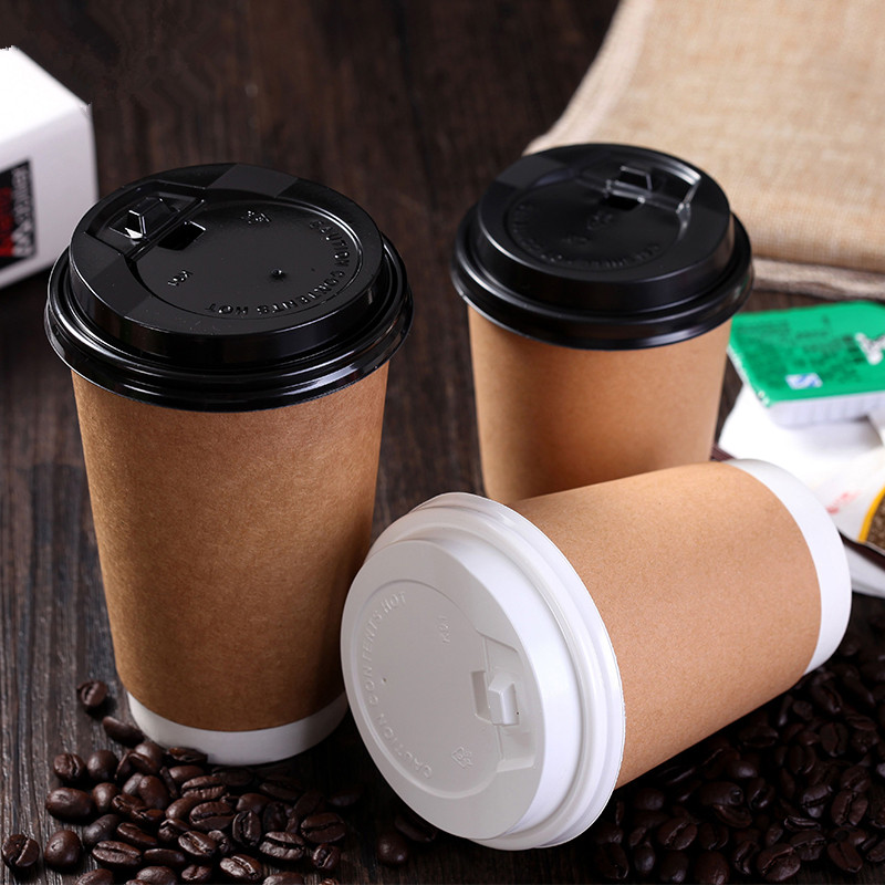 

500pcs Disposable Takeaway Paper Mug Customized Double Layer Insulation Milk Tea Coffee Kraft Paper Cug, White lid