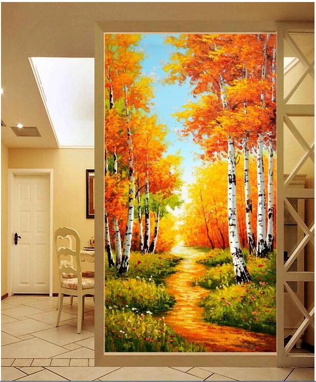 

WDBH 3d wallpaper custom photo Golden birch tree-lined trail porch background home decor 3d wall muals wallpaper for walls 3 d, Non-woven