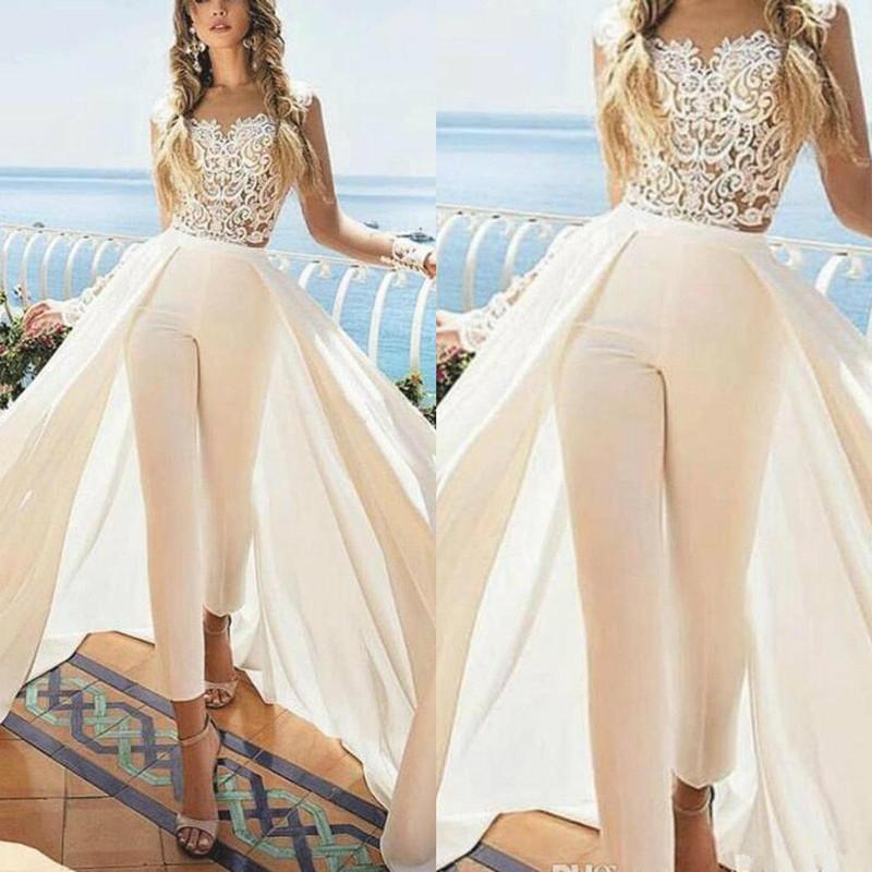 

Wedding Dresses Jumpsuits With Detachable Train Jewel Neck Lace Appliqued Illusion Long Sleeves Bridal Gowns Custom Made Abiti Da Sposa, Champagne