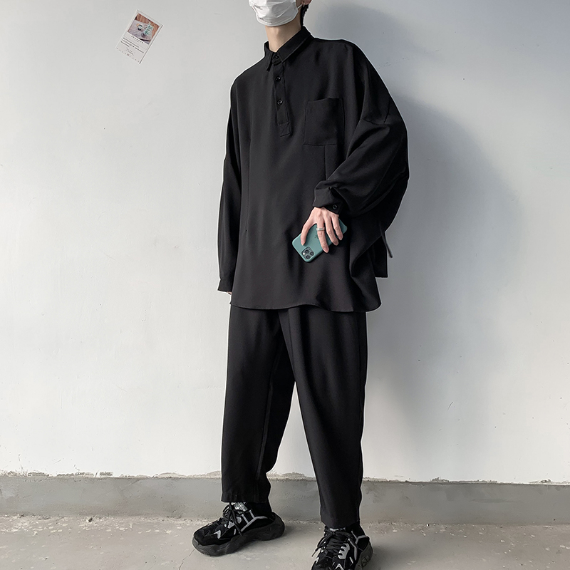 

Men 2 Pieces Sets Suits Shirt Pant Male Women Vintage Long Sleeve Loose Pullover Casual Shirt Couple Streetwear Trousers, Black
