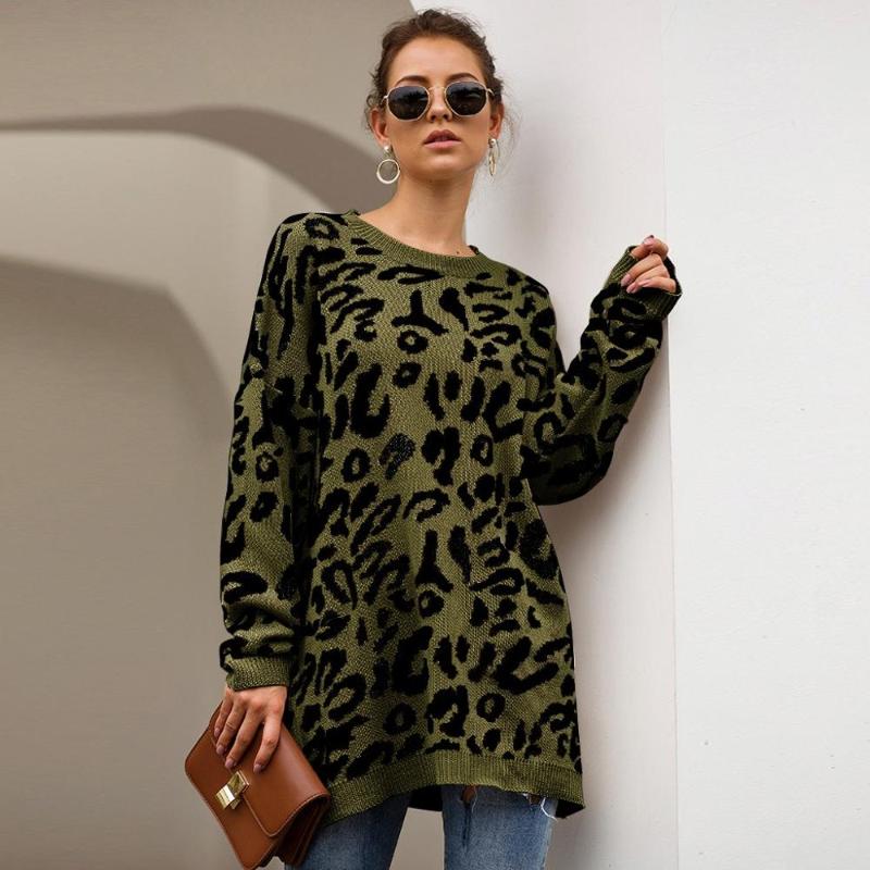 

Leopard Sweater Women Knitted Leopard Print Long Sleeve O-Neck Tops Sweater Blouses, Army green