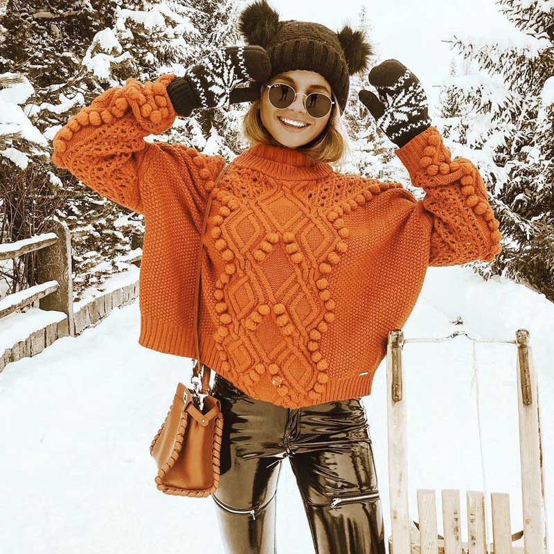 

YAMDI boho turtleneck sweaters female 2019 Autumn winter new long sleeve pom pom Knitted casual women pullover warm jumpers tops, Coral