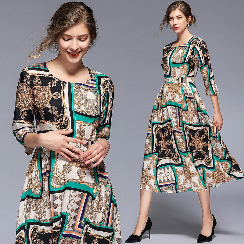 

Top New Women's Floral Print Button Front Lapel Neck Shirt Style Bohemian Dress Plus Size Office Lady Sexy Slim Runway Party Evening Dresses, Blue