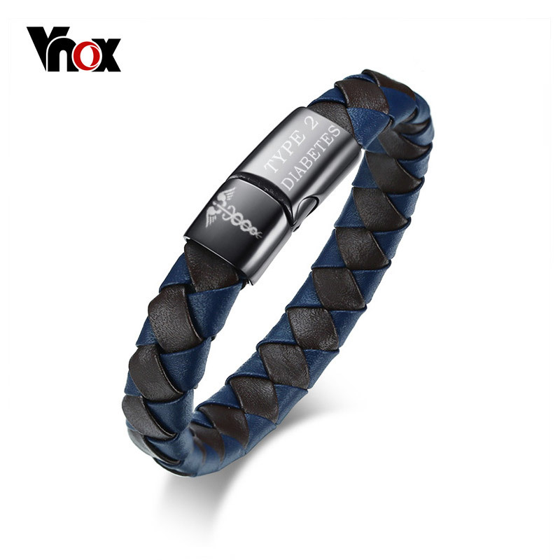 

VNOX Medical Alert Bracelet Genuine Leather Engraved DIABETES Emergency Rescue Men's Jewelry, Golden;silver