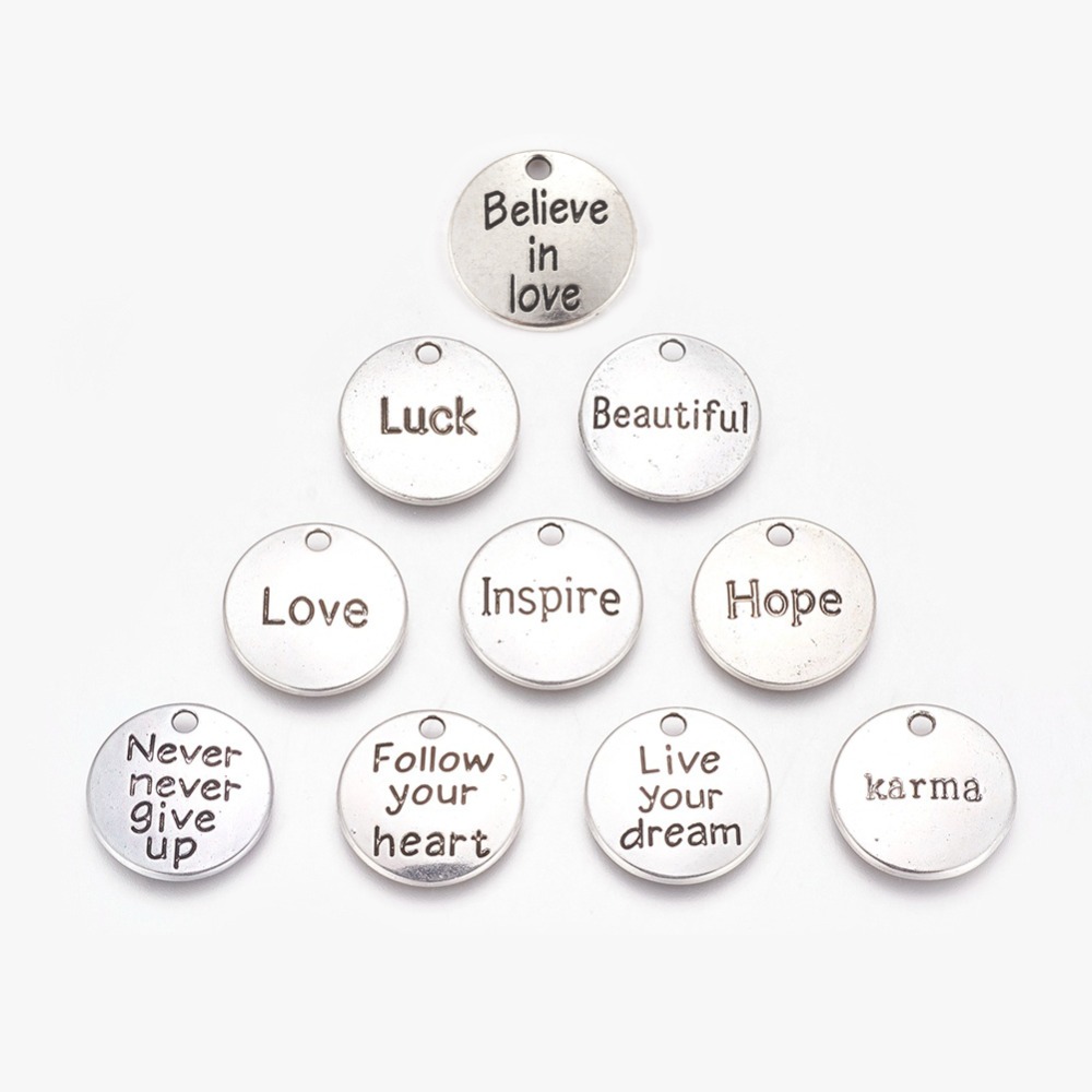 

Pandahall 60pcs/set Tibetan Style Alloy Pendants Flat Round with Inspirational Word Handmade Bracelets Necklace Jewelry Findings