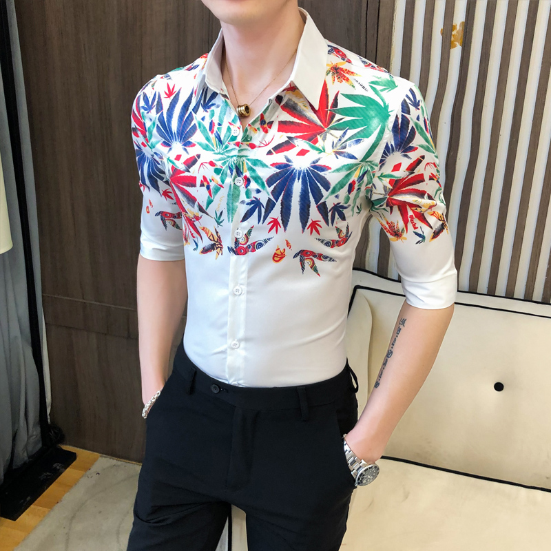 

Social Shirt Men Leaf Print Short Sleeve Blouse Male Party Dress Slim Middle Sleeve Floral Shirts Summer New Arrival, A236-8820-p55