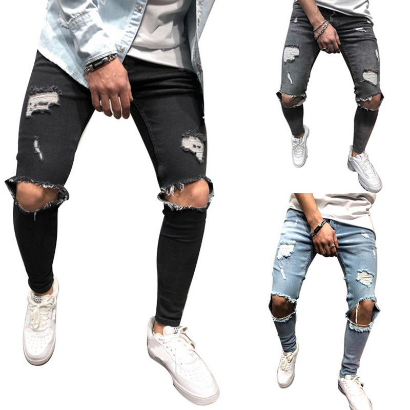 

Fashion Brand Plus Size Jeans Men Sexy Ripped Hole Hip Hop Slim Fit Denim Pants Fashion Streetwear Skinny Mens Black Jeans, Blue b