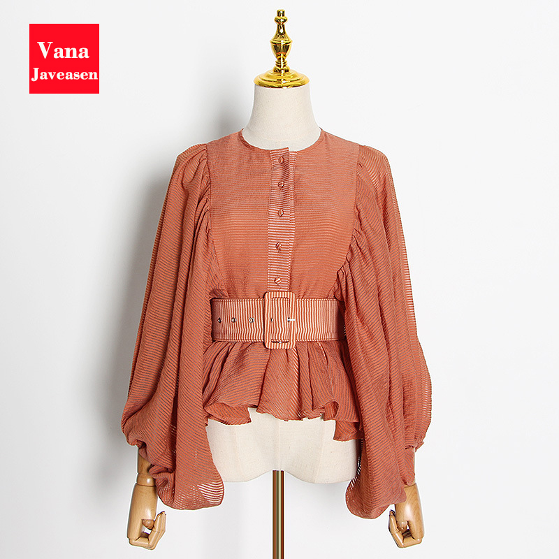 

Retro Ruffled Blouse Women Tops Summer Lantern Sleeve Loose Tops Office Ladies Sashes Design Single-breasted Shirt Blusas Mujer, Khaki