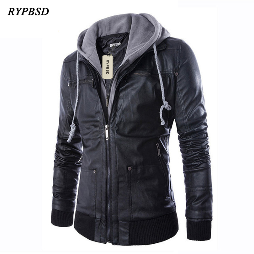 

Jaqueta de Couro Slim Fit Com Capuz Biker Jackets Man Black PU Faux Leather Coats with Hooded Men's Jackets and Coats, As picture black