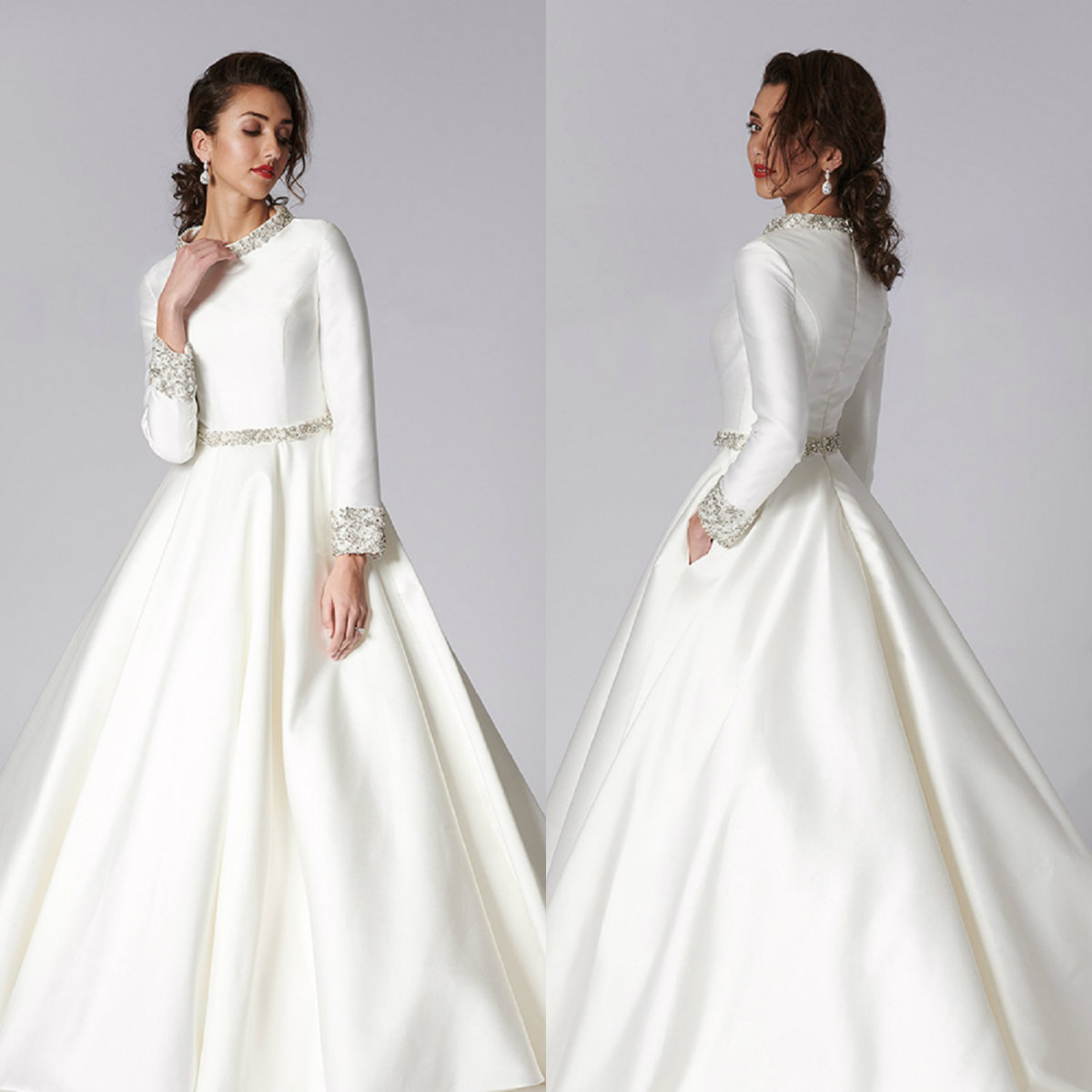 

long sleeve a line wedding dresses jewel neck beads satin plus size wedding dress sweep train robes de marie, Purple