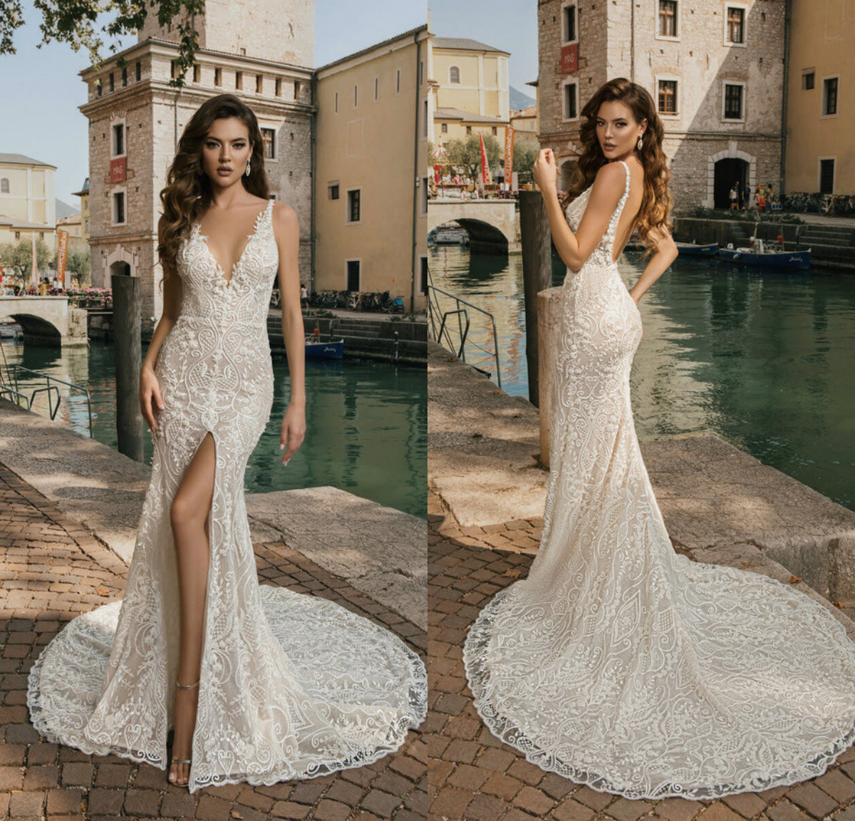 

2021 Fashion Wedding Dresses Sexy Deep V Neck Front Split Lace Appliques Bridal Gowns Backless Sweep Train Mermaid Wedding Dress, Ivory