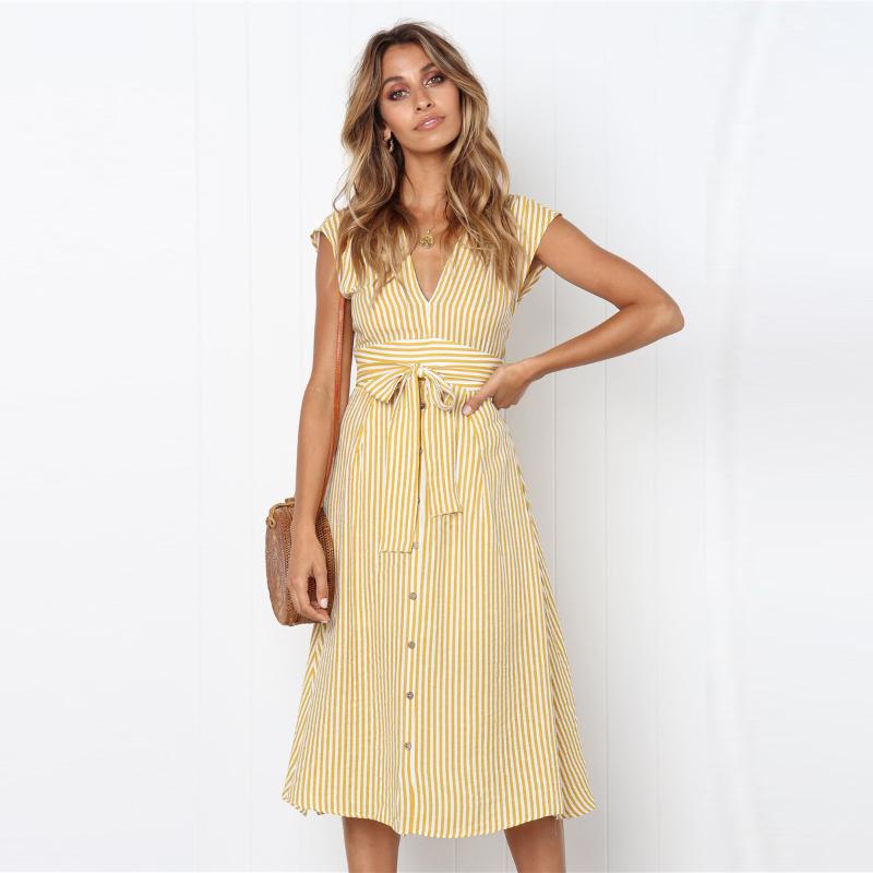 

Women Fashion Navy Blue Yellow Stripe Summer Dress Female Elegant Butterfly Lace Short Sleeve Sexy Deep V-neck Dress, Stripe blue