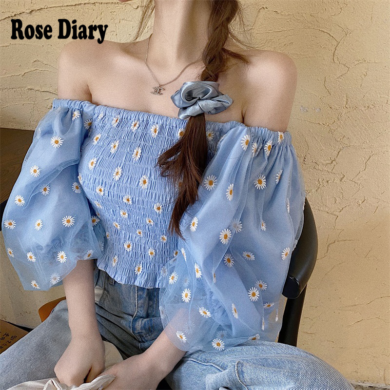 

RoseDiary 2020 Daisy Embroidery Sexy Slash Neck Cute Cropped Tops Blouse Women Summer Casual Blue Krop omighty topS bustier, Sky blue