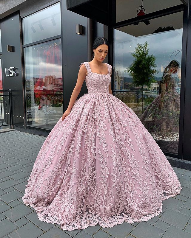 

2019 Pink Ball Gown Prom Dresses Square Neck Floor Length Lace Appliqued Evening Dress Custom Made Special Gowns Prom Wear, Dark red