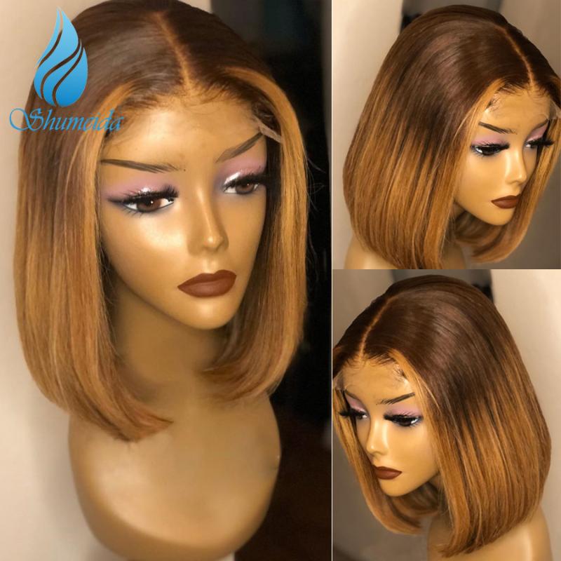 

Ombre Brown13*6 Lace Front Human Hair Wigs For Women 150% Density Brazilian Remy Human Hair Short BoB Wig with Baby, As pic