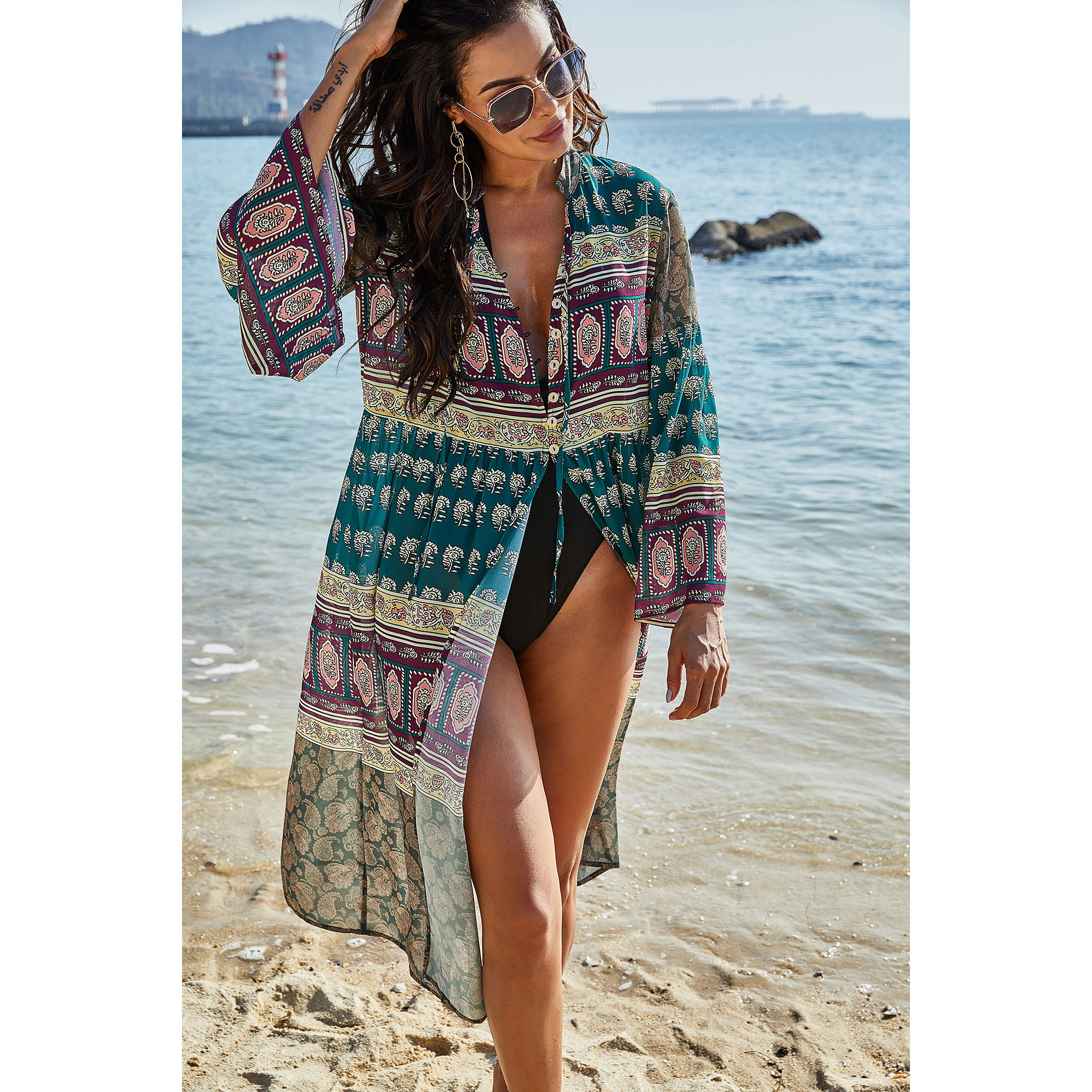 

Womens Luxury Designer Bikini Blouse Loose Mid-length Casual Sunshirt Summer Beach Fashion Floral Sun Protection Clothing Hot Sale, Multi