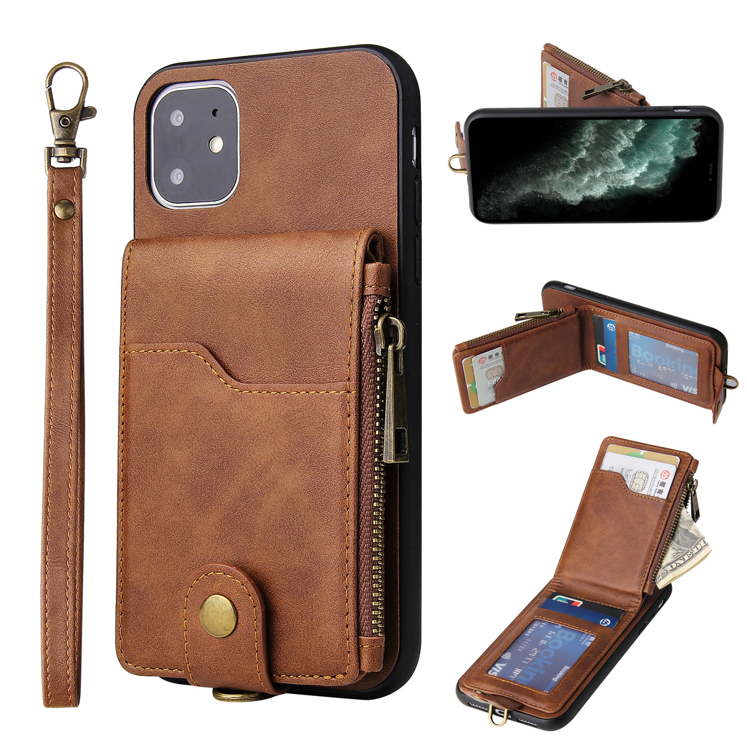 

Luxury Leather with Zipper Designer Phone Cases for iPhone 11 Pro Max 6 7 8plus XS XR Multi-functional Fashion Hook Mobile Phone Protection, Red