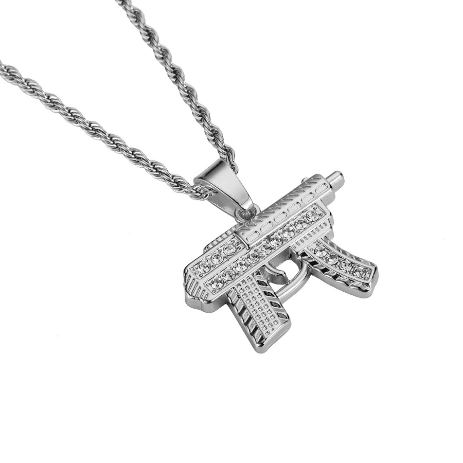 

Fashion Hip Hop Submachine Gun Pendant Necklaces Stainless Steel Jewelry Men Silver Gold Color Chain Rhinestone Design Punk Necklace For Mens