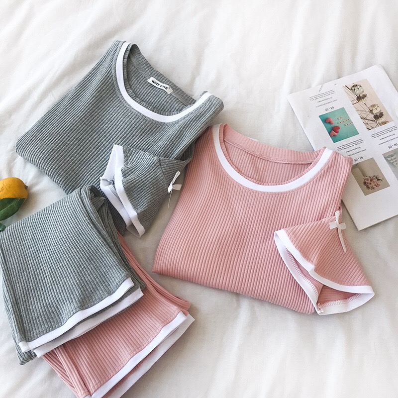 

Korean Women's Summer Pajamas Solid O-Neck Short Sleeve Jersey Bow + Elastic Waist Long Pants Sweet Woman Twinset 2 Pieces Set