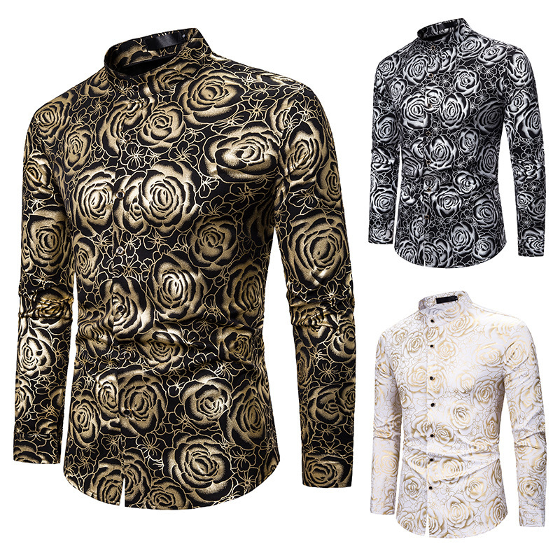 

Men' new style style personality long sleeve gold stamping printed business slim shirt European and American sizes XXL