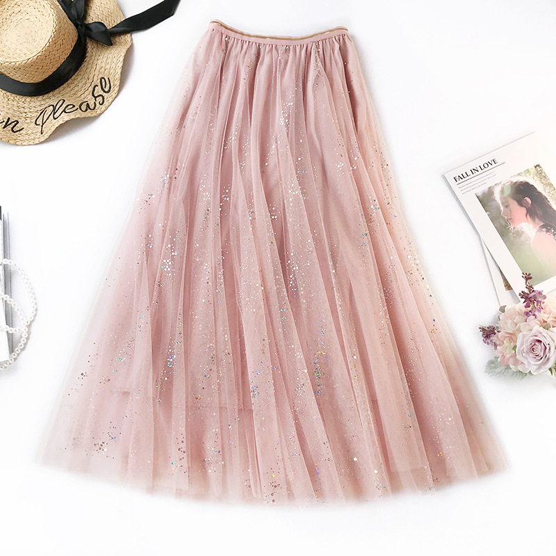 

2019 spring and summer colorful sequins romantic sweet mesh skirt super fairy temperament skirt anti-light multi-layer 401, Black