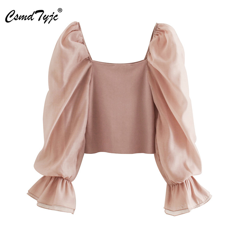 

KPYTOMOA Women 2020 Sweet Fashion Patchwork Organza Knitted Blouses Vintage See Through Sleeve Stretch Female Shirts Chic Tops, As picture