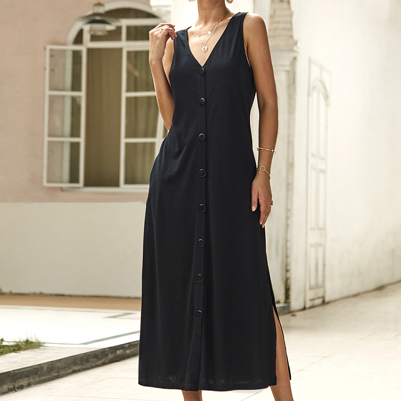 

Summer Women Vintage Casual vestidos 2019 festa Solid color single-breasted button Split long dress lady Beach maxi dresses, Black