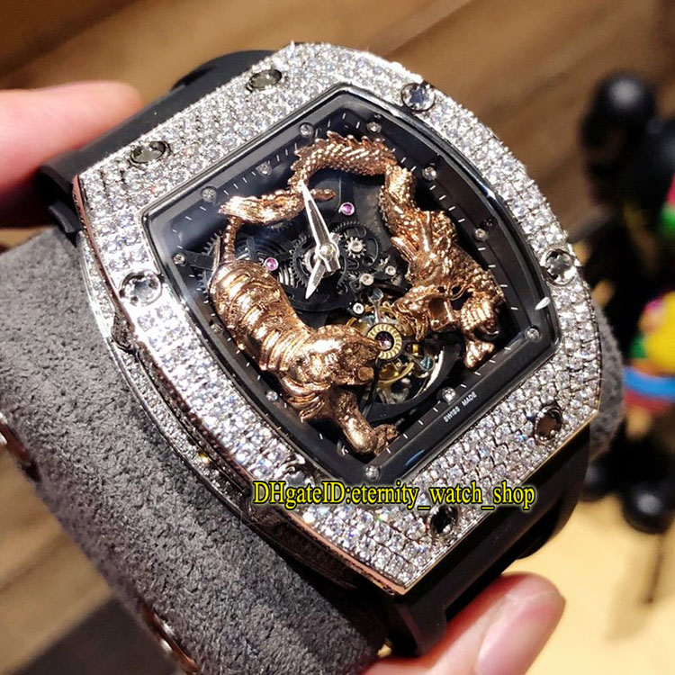 

2021 newest ZF Real Tourbillon Mechanical 51-01 MC 3D Dragon Tiger Totem Gold Dial RM51-01 Mens Watch Diamond Case Iced Out Best Watches, Box
